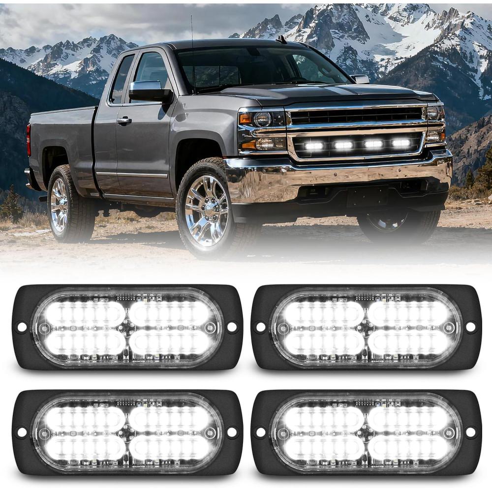 image:imageNilight 4PCS 24LED Emergency Strobe lights 12V 24V White Surface Mount Grille Hazard Safety Warning Light Sync Feature Side Flashing Marker Flash for Car Truck CampersWhite
