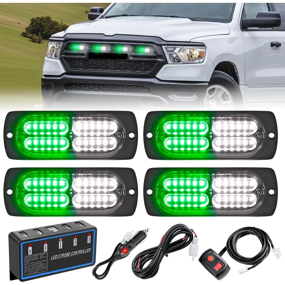 image:imageNilight 4PCS 24LED Emergency Strobe lights 12V 24V White Surface Mount Grille Hazard Safety Warning Light Sync Feature Side Flashing Marker Flash for Car Truck CampersGreen White wController