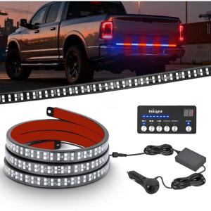 Nilight 48 Inch Truck Tailgate Strobe Light Strip Tail Emergency Bar Rear Window Warning Lamp Ultra-Bright Double Row 288 LED for Pickup Trailers Construction Vehicles Car SUV, Green White(49″ Tailgate Strobe w/ Controller Red Blue)