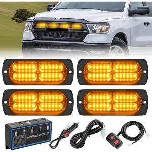 Nilight 4PCS 24LED Emergency Strobe lights 12V 24V White Surface Mount Grille Hazard Safety Warning Light Sync Feature Side Flashing Marker Flash for Car Truck Campers(Amber w/Controller)