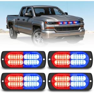 Nilight 4PCS 24LED Emergency Strobe lights 12V 24V White Surface Mount Grille Hazard Safety Warning Light Sync Feature Side Flashing Marker Flash for Car Truck Campers(Red Blue)