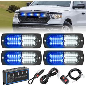 Nilight 4PCS 24LED Emergency Strobe lights 12V 24V White Surface Mount Grille Hazard Safety Warning Light Sync Feature Side Flashing Marker Flash for Car Truck Campers(Blue White w/Controller)