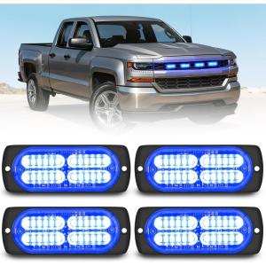 Nilight 4PCS 24LED Emergency Strobe lights 12V 24V White Surface Mount Grille Hazard Safety Warning Light Sync Feature Side Flashing Marker Flash for Car Truck Campers(Blue)