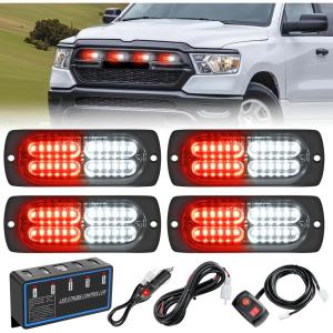 Nilight 4PCS 24LED Emergency Strobe lights 12V 24V White Surface Mount Grille Hazard Safety Warning Light Sync Feature Side Flashing Marker Flash for Car Truck Campers(Red White w/Controller)