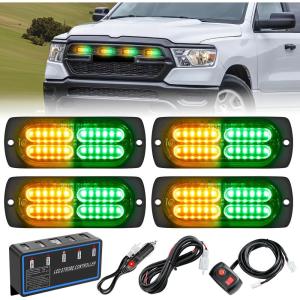 Nilight 4PCS 24LED Emergency Strobe lights 12V 24V White Surface Mount Grille Hazard Safety Warning Light Sync Feature Side Flashing Marker Flash for Car Truck Campers(Amber Green w/Controller)