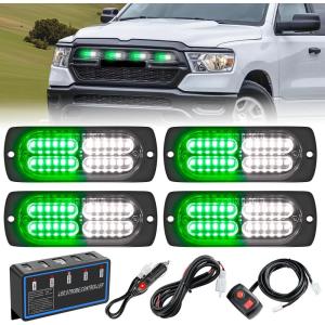 Nilight 4PCS 24LED Emergency Strobe lights 12V 24V White Surface Mount Grille Hazard Safety Warning Light Sync Feature Side Flashing Marker Flash for Car Truck Campers(Green White w/Controller)