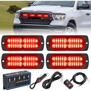 Nilight 4PCS 24LED Emergency Strobe lights 12V 24V White Surface Mount Grille Hazard Safety Warning Light Sync Feature Side Flashing Marker Flash for Car Truck Campers(Red w/Controller)