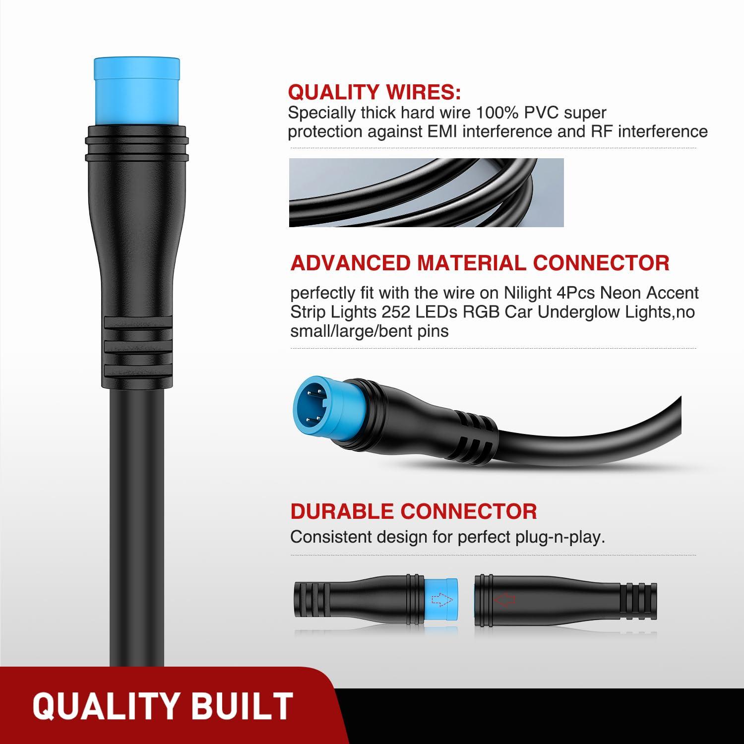 image:imageNilight 2 Pack 5FT 4 Pin Extension Cable Cord for 4PCS Car Underglow Neon Accent Strip Lights 252 LEDs RGB 8 Color Wire Harness 5 Feet Underglow Light Extension Wire Plug and Play