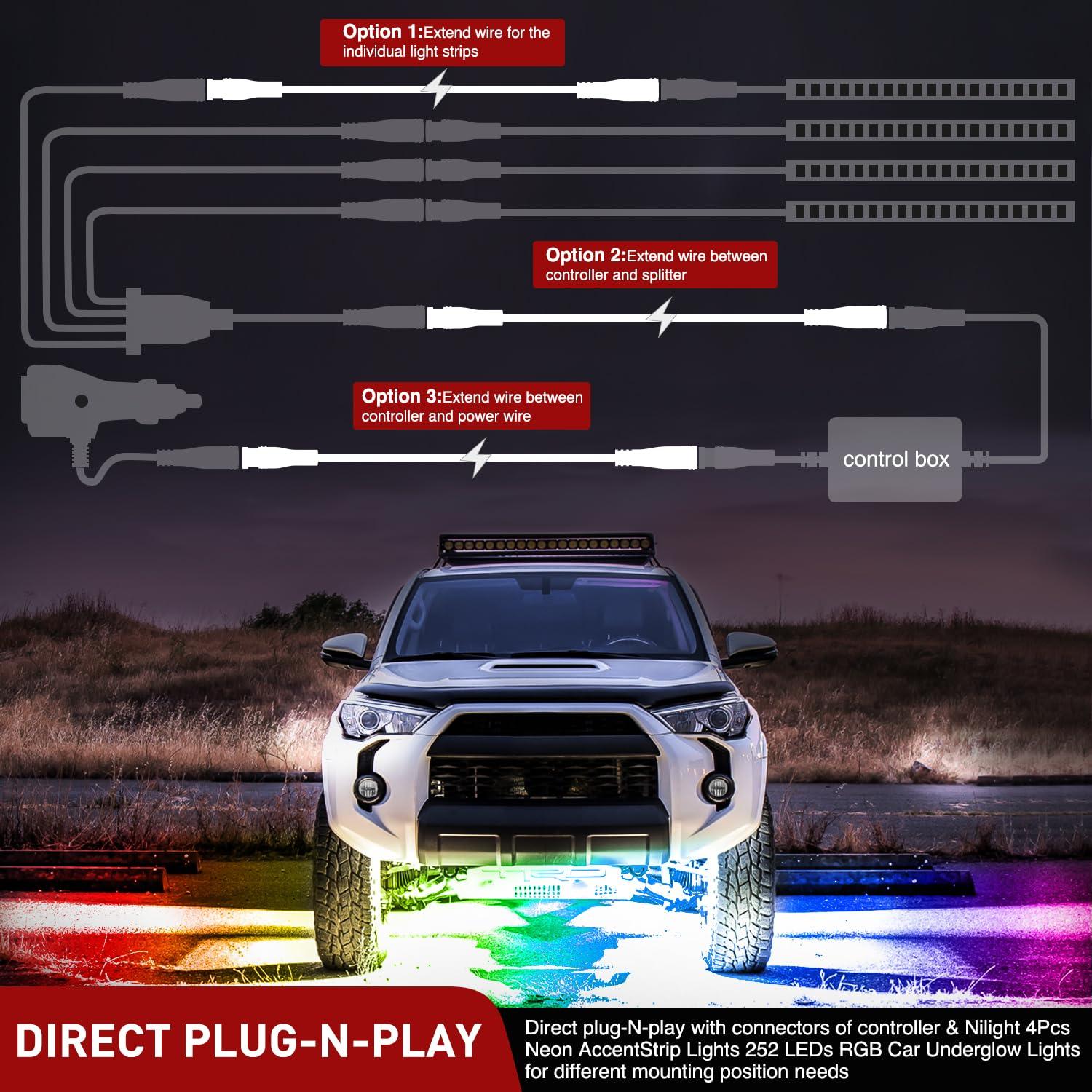 image:imageNilight 2 Pack 5FT 4 Pin Extension Cable Cord for 4PCS Car Underglow Neon Accent Strip Lights 252 LEDs RGB 8 Color Wire Harness 5 Feet Underglow Light Extension Wire Plug and Play