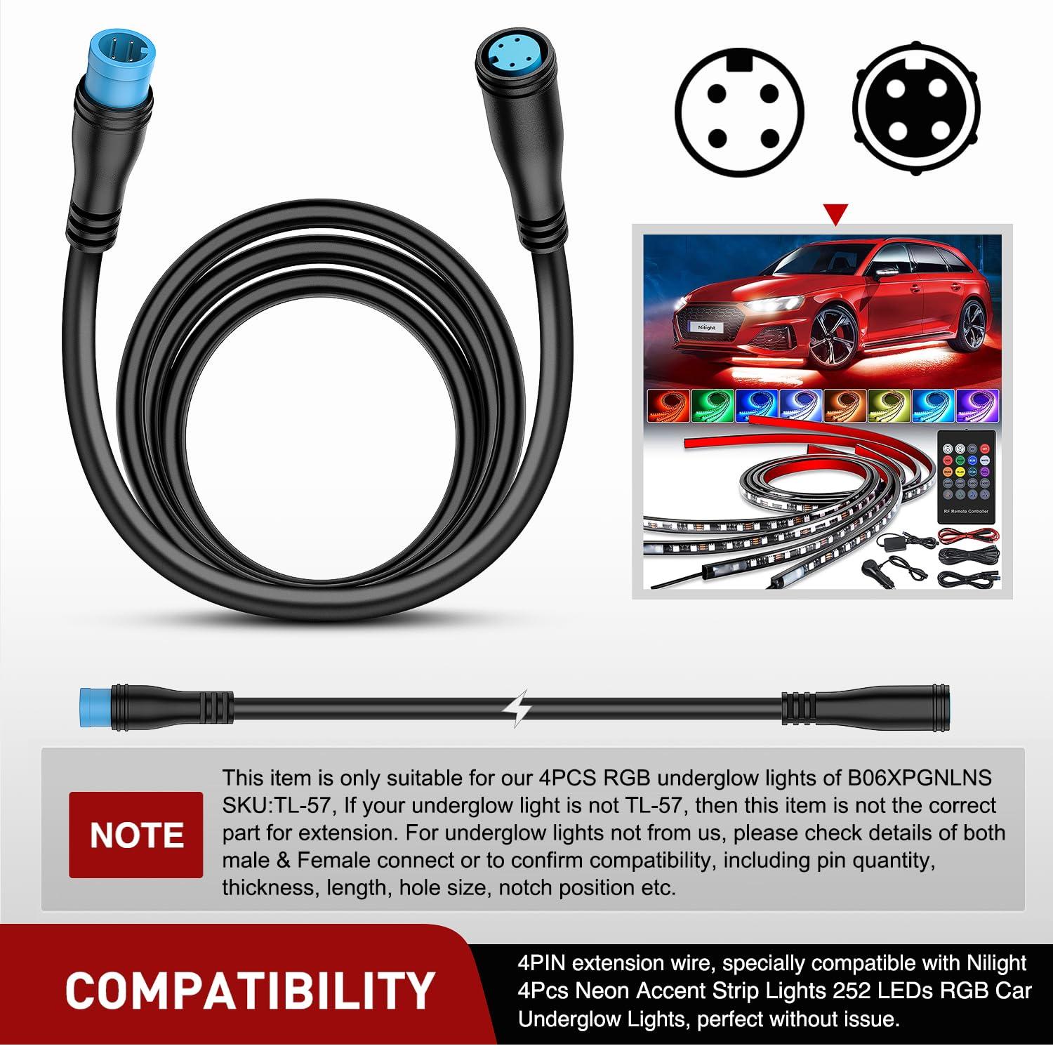image:imageNilight 2 Pack 5FT 4 Pin Extension Cable Cord for 4PCS Car Underglow Neon Accent Strip Lights 252 LEDs RGB 8 Color Wire Harness 5 Feet Underglow Light Extension Wire Plug and Play