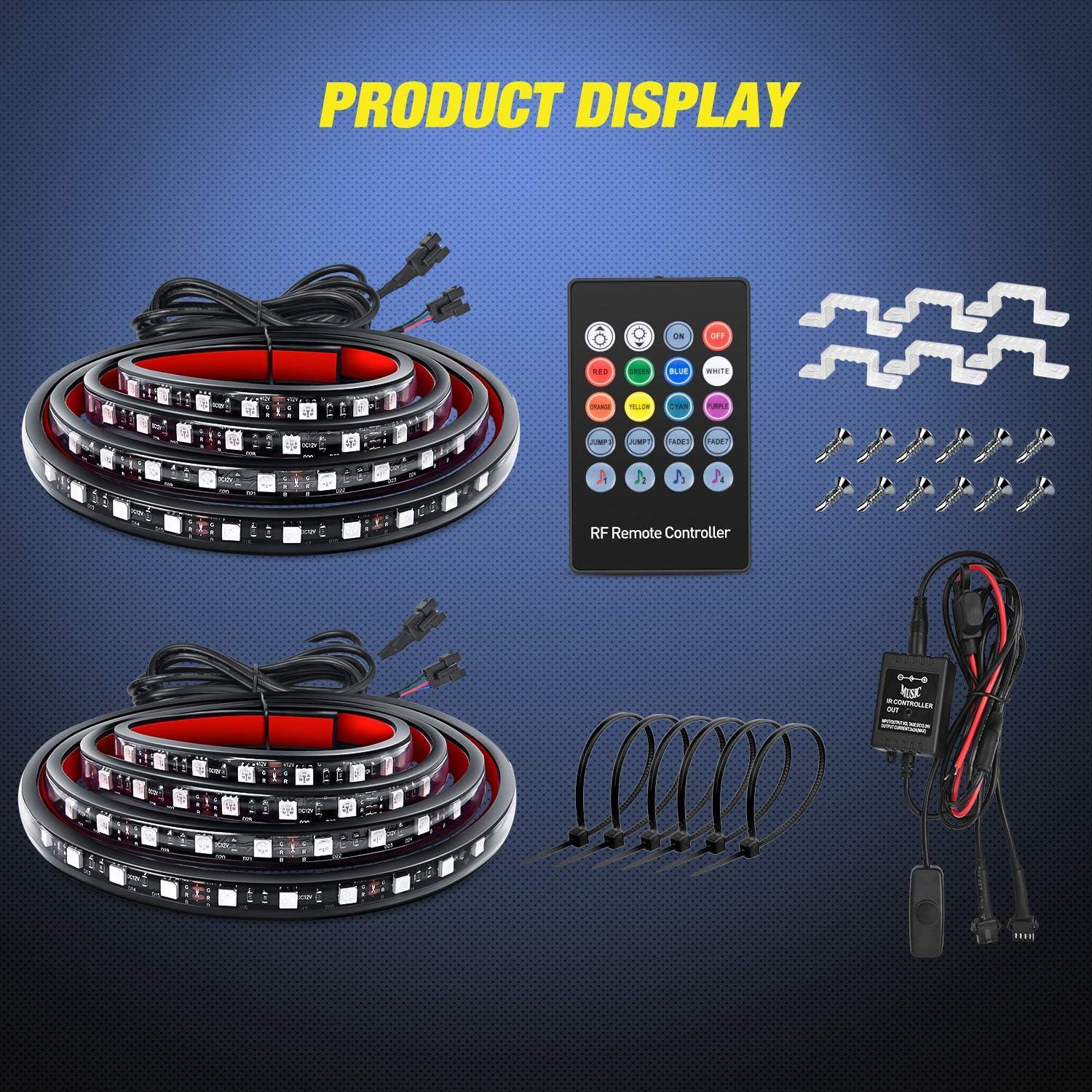 image:imageNilight 4Pcs 12inch LED Grille Lights 72 LEDs RGB Multi Color Exterior Lighting Kit with Sound Active Function and Wireless Remote Control for Cars Van SUV Truck2Pcs RGB Bed Strip
