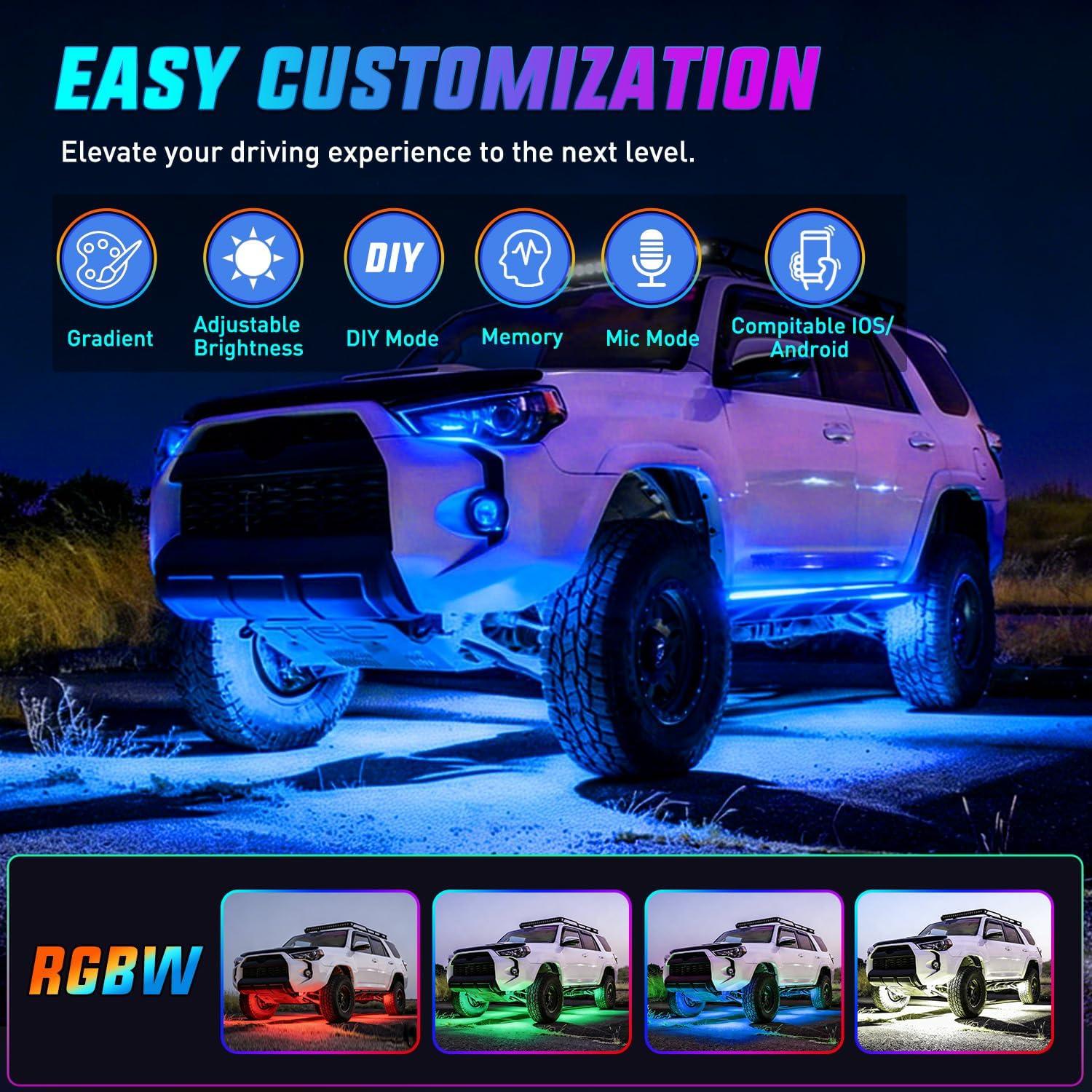 image:imageNilight 4Pcs RGBW Aluminum Underglow Neon Accent Strip Lights 252LEDs Door Assist Multi Color DIY Sound Active Function Music Mode with APP and Remote Control Underbody Light Strips for Car Truck RV