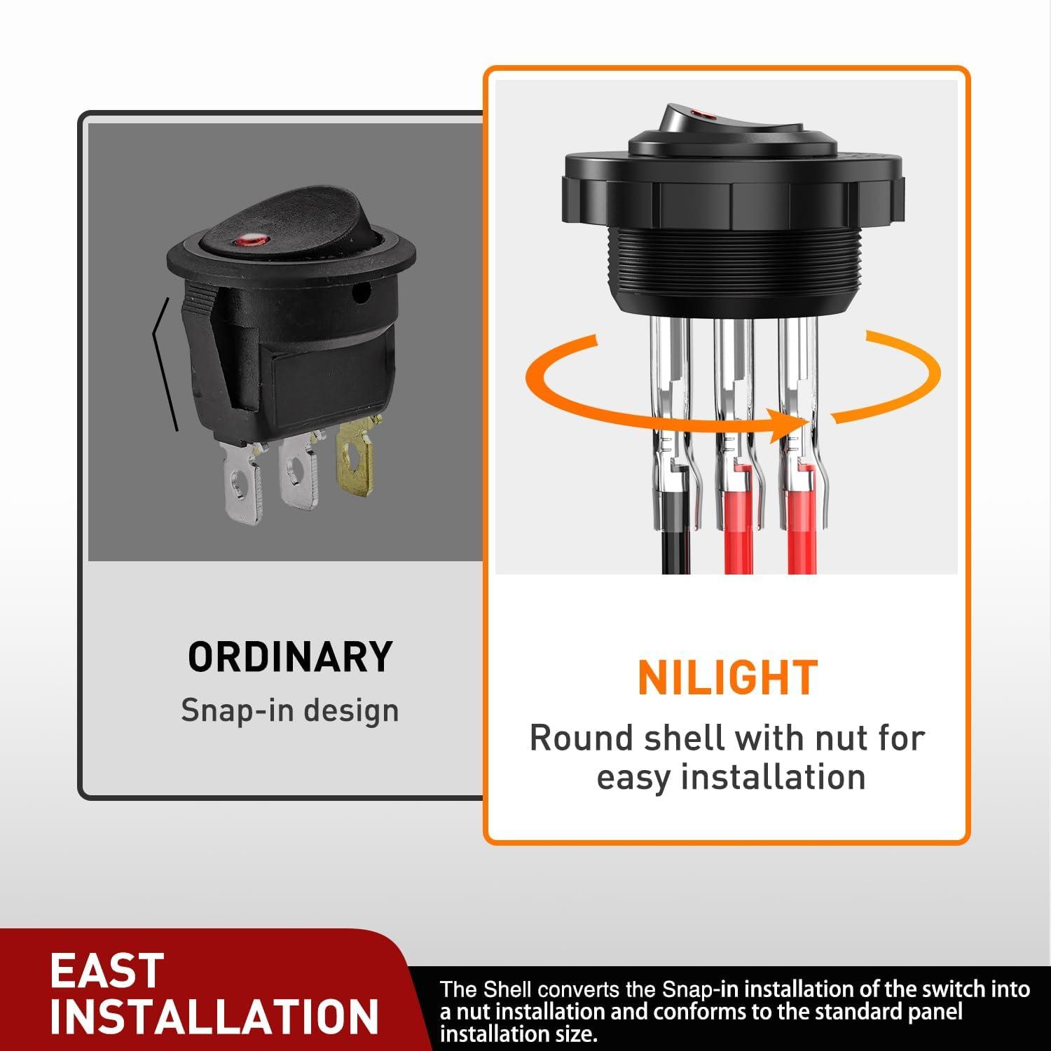 image:imageNilight 12PCS Round Rocker Switches 12V 24V 20A Yellow LED Toggle swtiches SPST 3 Pin 2 Position for Car Truck Vehicle Boat Marine Rocker On Off ControlRed LED Switch Switch Holder