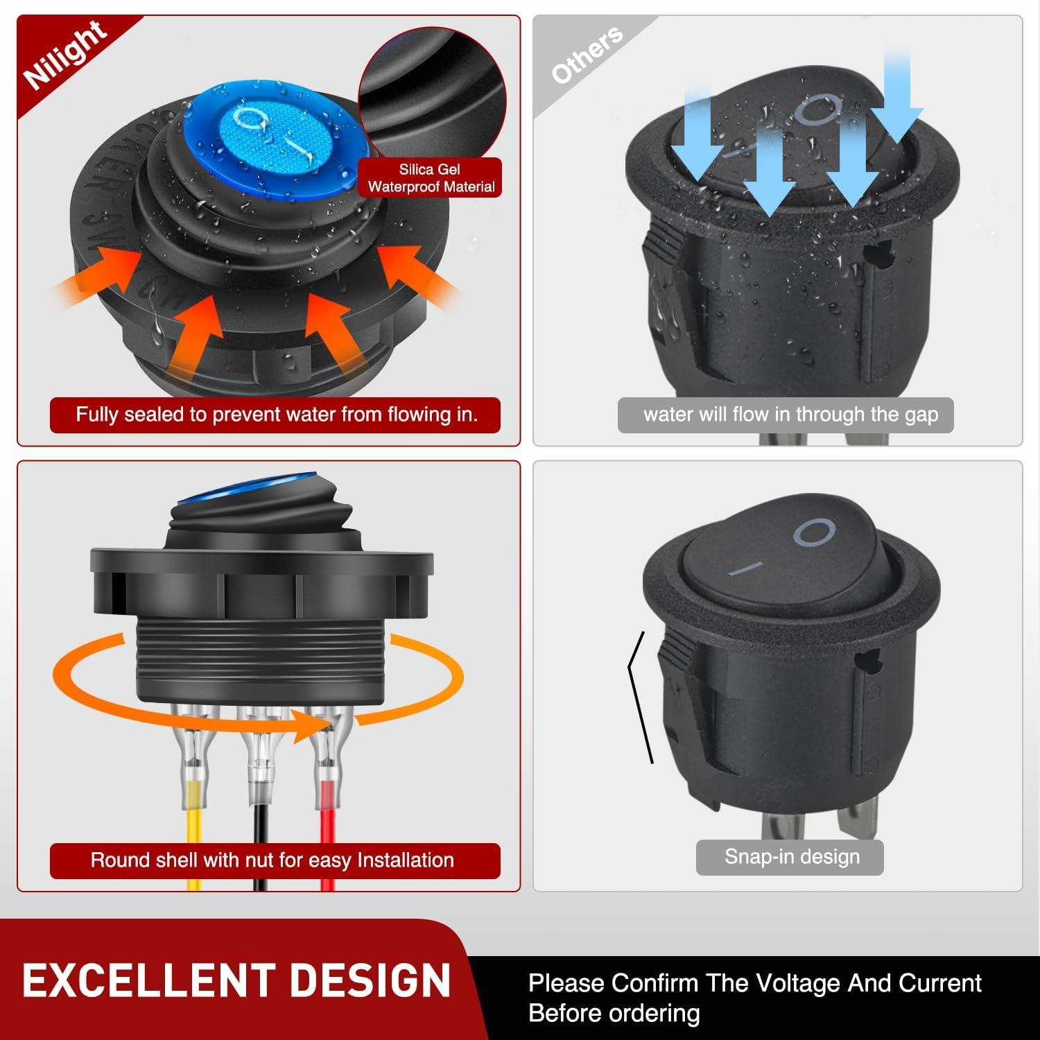 image:imageNilight 12PCS Round Rocker Switches 12V 24V 20A Yellow LED Toggle swtiches SPST 3 Pin 2 Position for Car Truck Vehicle Boat Marine Rocker On Off ControlWaterproof Switch Switch Holder