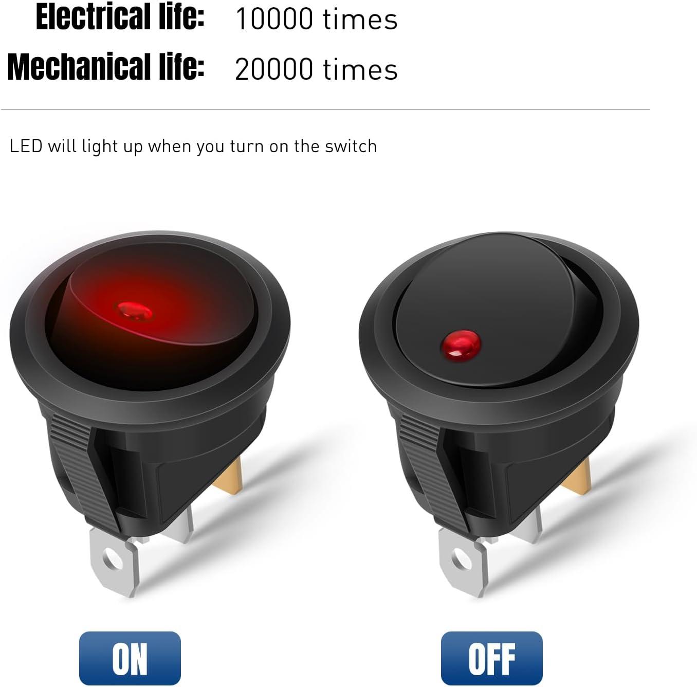 image:imageNilight 12PCS Round Rocker Switches 12V 24V 20A Yellow LED Toggle swtiches SPST 3 Pin 2 Position for Car Truck Vehicle Boat Marine Rocker On Off Control12PCS Switch Red