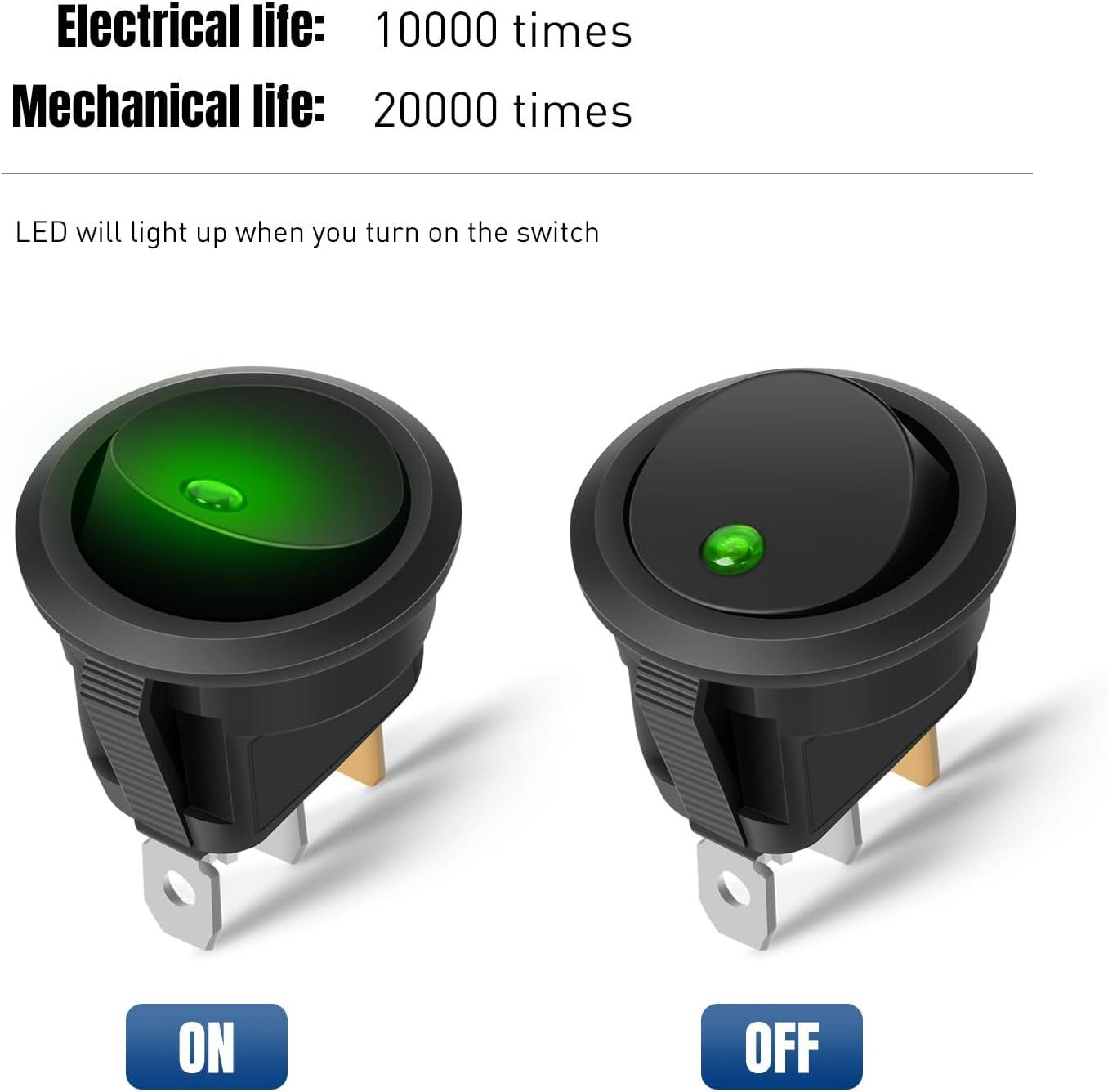 image:imageNilight 12PCS Round Rocker Switches 12V 24V 20A Yellow LED Toggle swtiches SPST 3 Pin 2 Position for Car Truck Vehicle Boat Marine Rocker On Off Control12PCS Switch Green