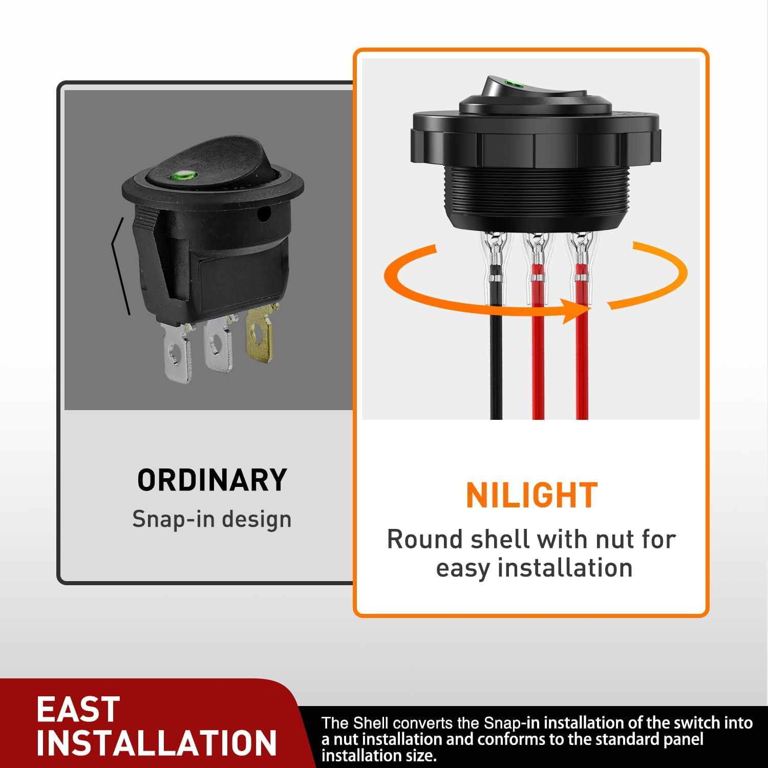 image:imageNilight 12PCS Round Rocker Switches 12V 24V 20A Yellow LED Toggle swtiches SPST 3 Pin 2 Position for Car Truck Vehicle Boat Marine Rocker On Off ControlGreen LED Switch Switch Holder
