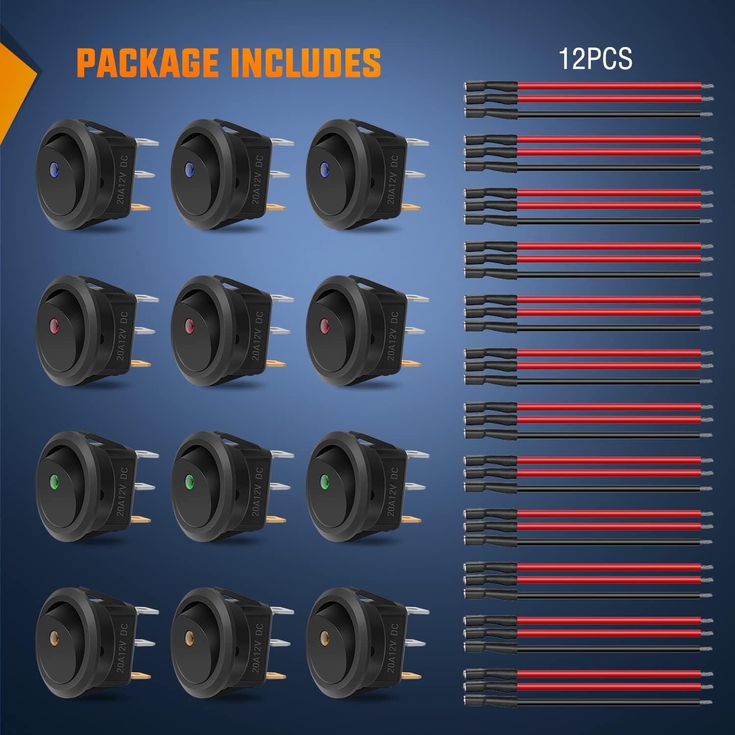image:imageNilight 12PCS Round Rocker Switches 12V 24V 20A Yellow LED Toggle swtiches SPST 3 Pin 2 Position for Car Truck Vehicle Boat Marine Rocker On Off Control12PCS Switch Wires