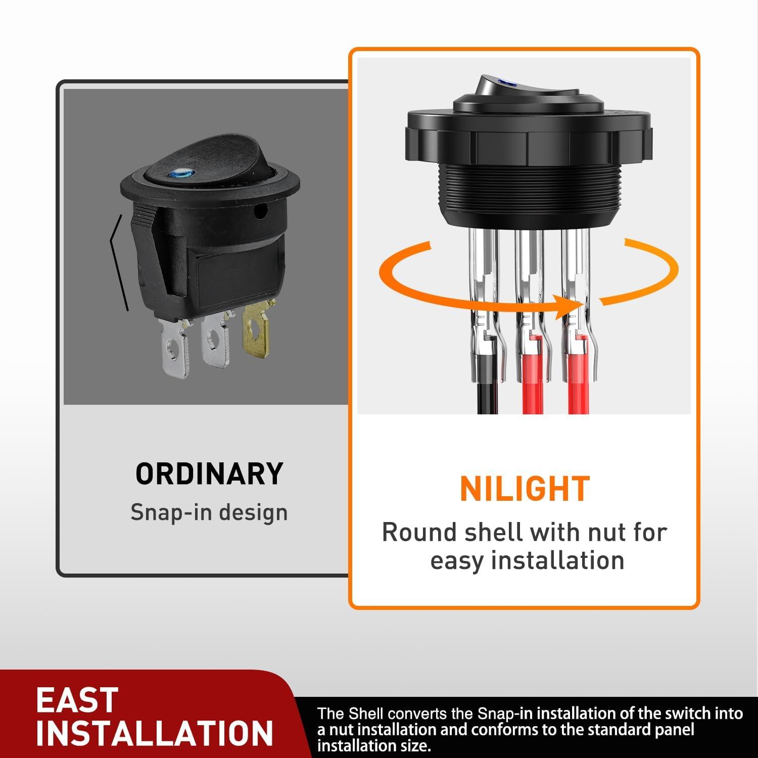 image:imageNilight 12PCS Round Rocker Switches 12V 24V 20A Yellow LED Toggle swtiches SPST 3 Pin 2 Position for Car Truck Vehicle Boat Marine Rocker On Off ControlBlue LED Switch Switch Holder