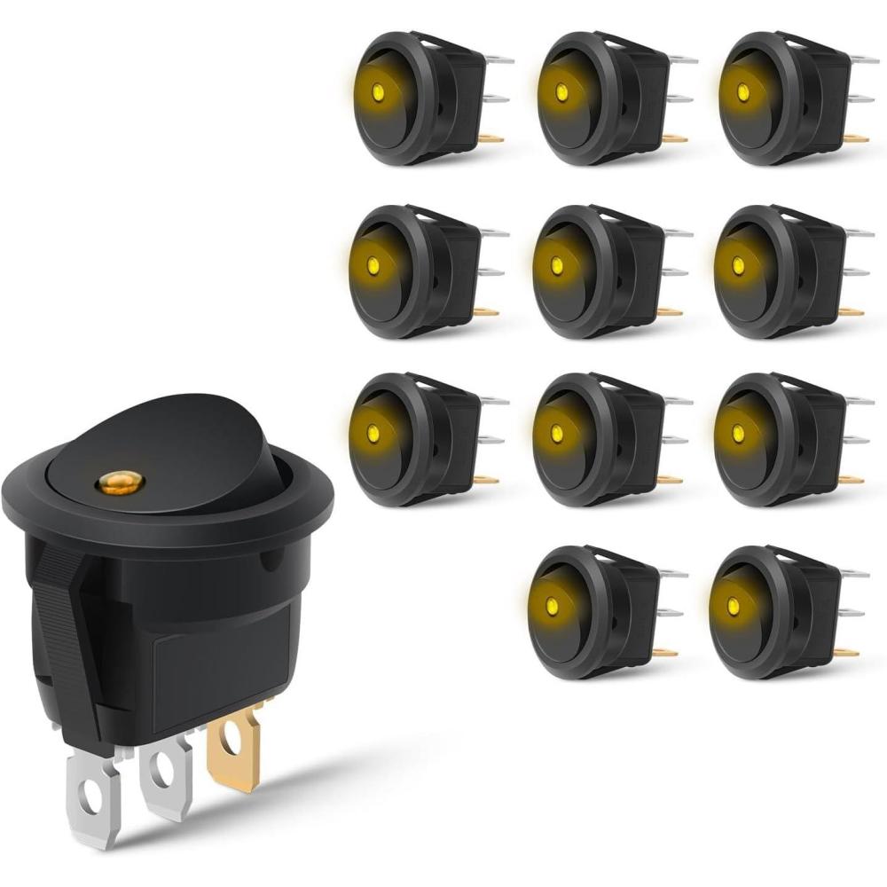 image:imageNilight 12PCS Round Rocker Switches 12V 24V 20A Yellow LED Toggle swtiches SPST 3 Pin 2 Position for Car Truck Vehicle Boat Marine Rocker On Off Control12PCS Switch Amber