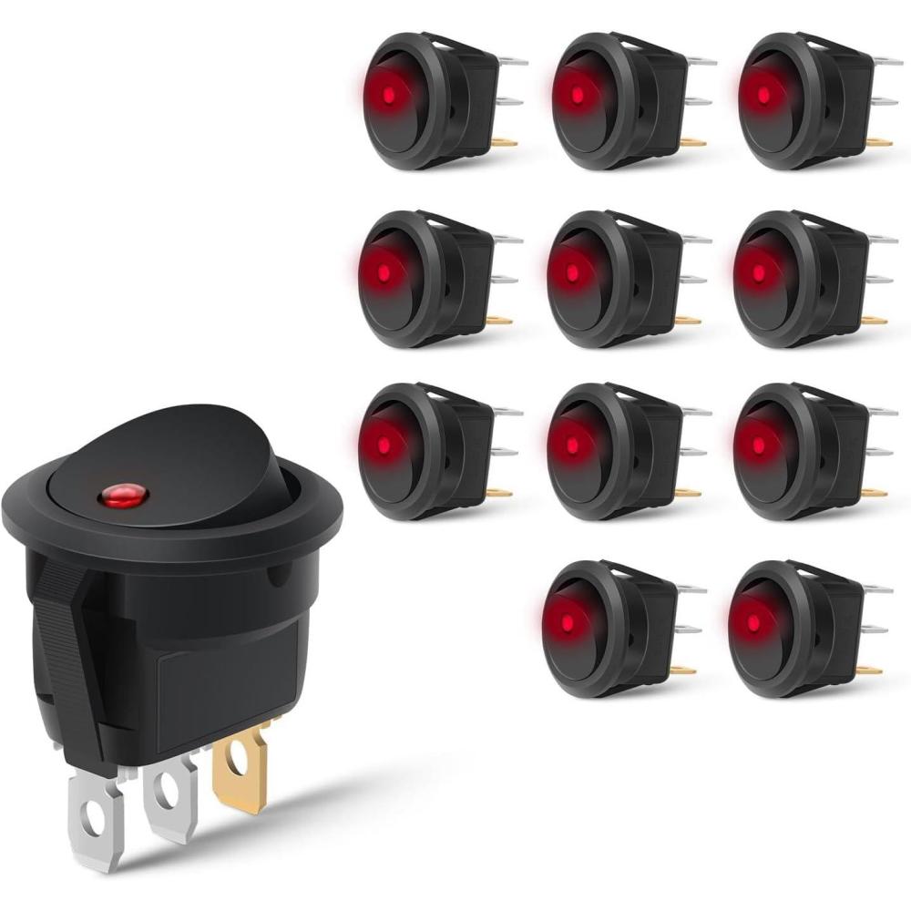 image:imageNilight 12PCS Round Rocker Switches 12V 24V 20A Yellow LED Toggle swtiches SPST 3 Pin 2 Position for Car Truck Vehicle Boat Marine Rocker On Off Control12PCS Switch Red