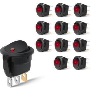 Nilight 12PCS Round Rocker Switches 12V 24V 20A Yellow LED Toggle swtiches SPST 3 Pin 2 Position for Car Truck Vehicle Boat Marine Rocker On Off Control(12PCS Switch Red)