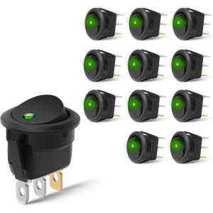 Nilight 12PCS Round Rocker Switches 12V 24V 20A Yellow LED Toggle swtiches SPST 3 Pin 2 Position for Car Truck Vehicle Boat Marine Rocker On Off Control(12PCS Switch Green)