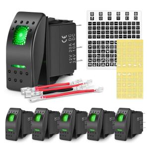 Nilight 6PCS 5PIN SPST Rocker Switches with 6 Sets Jumper Wires Set 20A/12V 10A/24V On/Off Toggle Switches with Night Glow Sticker for Trucks Boats Auto Motorcycles,2 Years Warranty (90131F) , Blue(Green 6 PCS)