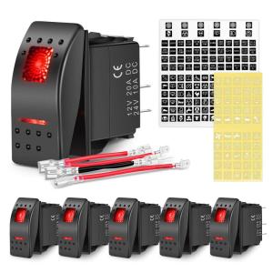 Nilight 6PCS 5PIN SPST Rocker Switches with 6 Sets Jumper Wires Set 20A/12V 10A/24V On/Off Toggle Switches with Night Glow Sticker for Trucks Boats Auto Motorcycles,2 Years Warranty (90131F) , Blue(Red 6 PCS)