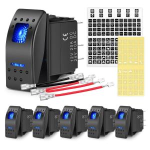 Nilight 6PCS 5PIN SPST Rocker Switches with 6 Sets Jumper Wires Set 20A/12V 10A/24V On/Off Toggle Switches with Night Glow Sticker for Trucks Boats Auto Motorcycles,2 Years Warranty (90131F) , Blue(Blue 6 PCS)