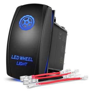 Nilight Light Rocker Switch Led Bar 5 Pin Laser On Off SPST Switches 20A/12V 10A/24V Blue with Jumper Wires Set for Cars Trucks Boats ATVs UTVs RVs(LED WHEEL LIGHT)
