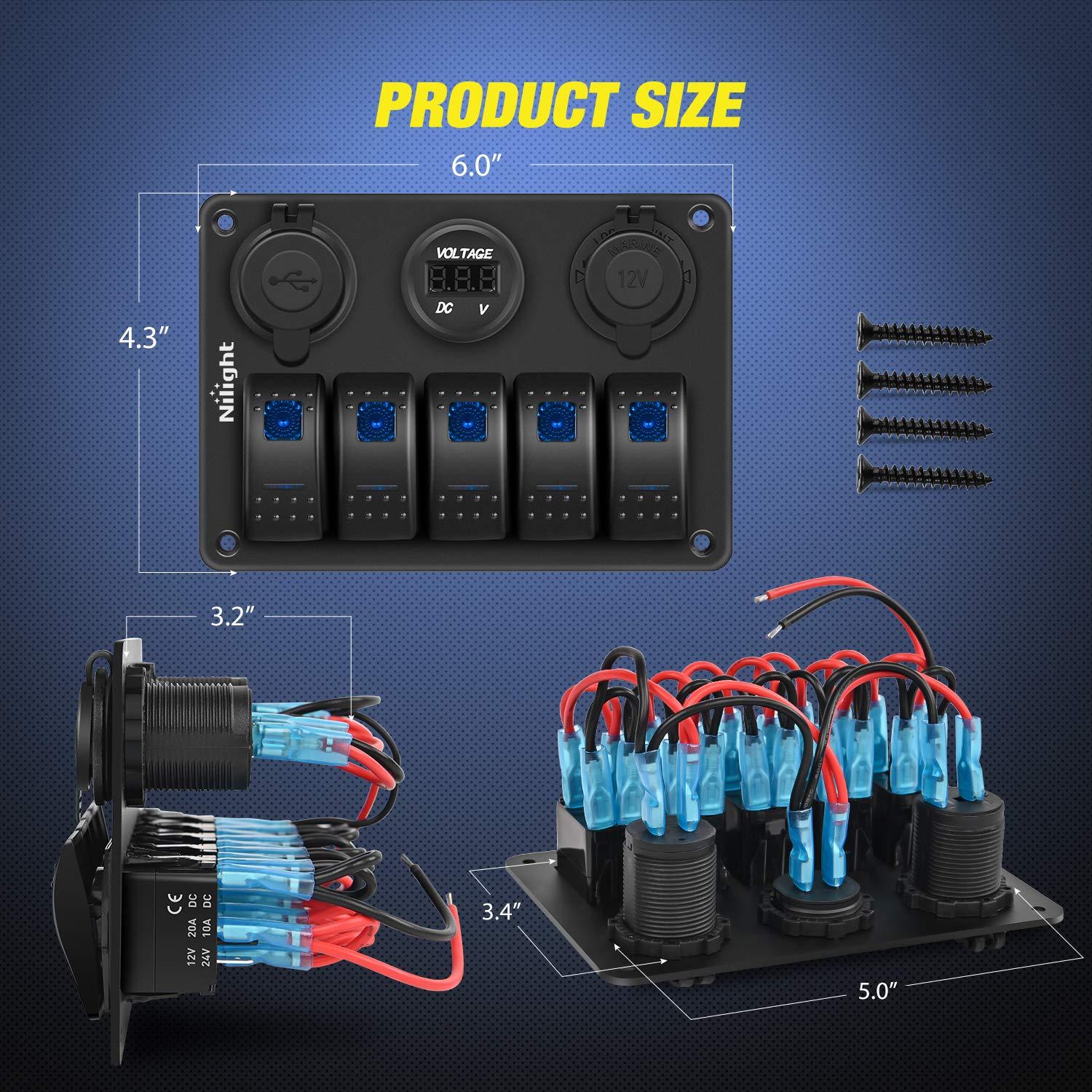 image:imageNilight 8 Gang Rocker Switch Panel Waterproof Aluminum Marine with PD Type C amp USB Charger Cigarette Lighter Socket Voltmeter Inline Fuse 12V 24V ON Off PreWired Switches for Car Truck BoatBlue