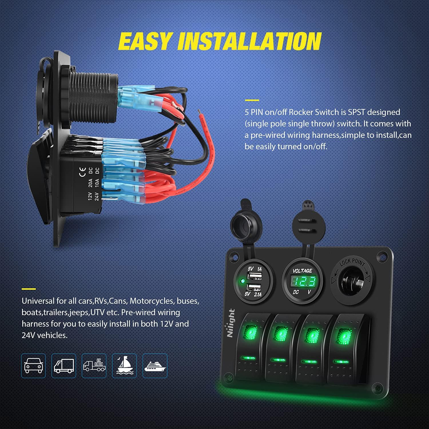 image:imageNilight 8 Gang Rocker Switch Panel Waterproof Aluminum Marine with PD Type C amp USB Charger Cigarette Lighter Socket Voltmeter Inline Fuse 12V 24V ON Off PreWired Switches for Car Truck BoatGreen