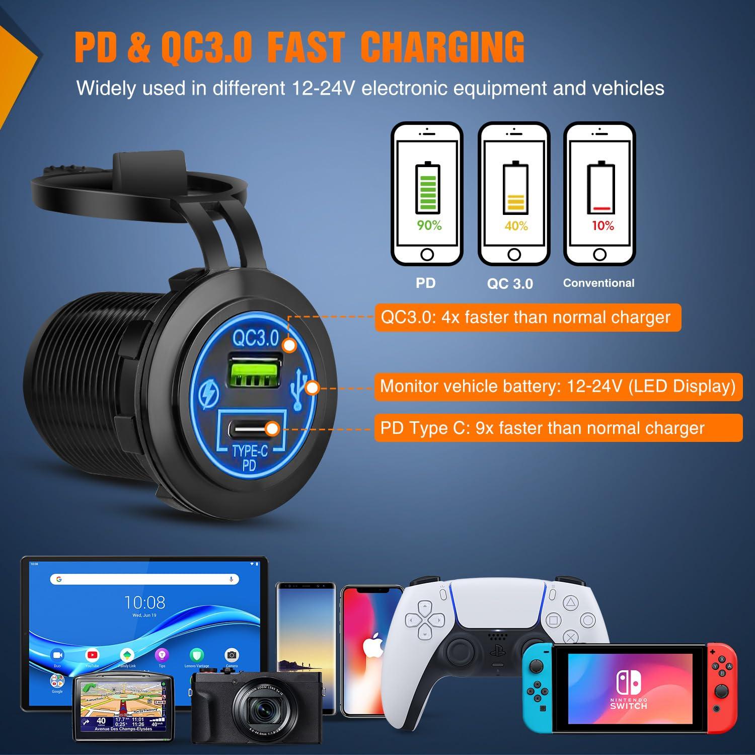image:imageNilight 8 Gang Rocker Switch Panel Waterproof Aluminum Marine with PD Type C amp USB Charger Cigarette Lighter Socket Voltmeter Inline Fuse 12V 24V ON Off PreWired Switches for Car Truck BoatPower Control Blue