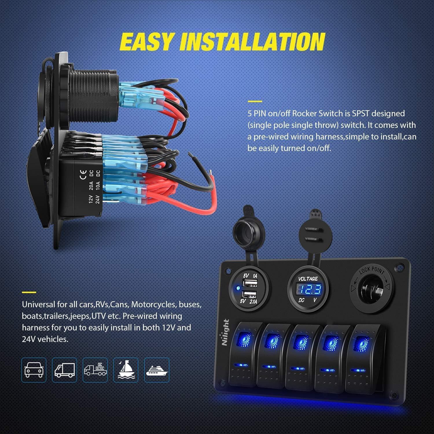 image:imageNilight 8 Gang Rocker Switch Panel Waterproof Aluminum Marine with PD Type C amp USB Charger Cigarette Lighter Socket Voltmeter Inline Fuse 12V 24V ON Off PreWired Switches for Car Truck BoatBlue