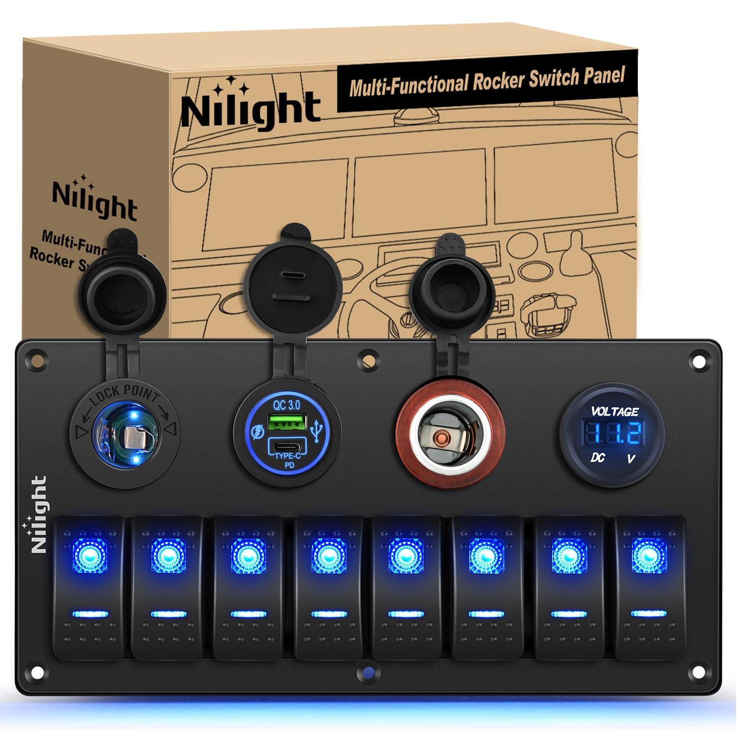 image:imageNilight 8 Gang Rocker Switch Panel Waterproof Aluminum Marine with PD Type C amp USB Charger Cigarette Lighter Socket Voltmeter Inline Fuse 12V 24V ON Off PreWired Switches for Car Truck BoatBlue
