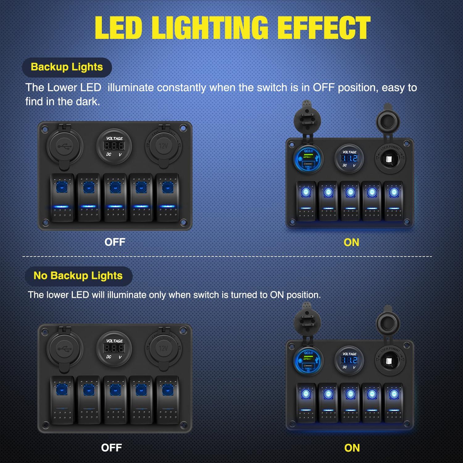 image:imageNilight 8 Gang Rocker Switch Panel Waterproof Aluminum Marine with PD Type C amp USB Charger Cigarette Lighter Socket Voltmeter Inline Fuse 12V 24V ON Off PreWired Switches for Car Truck BoatBlue