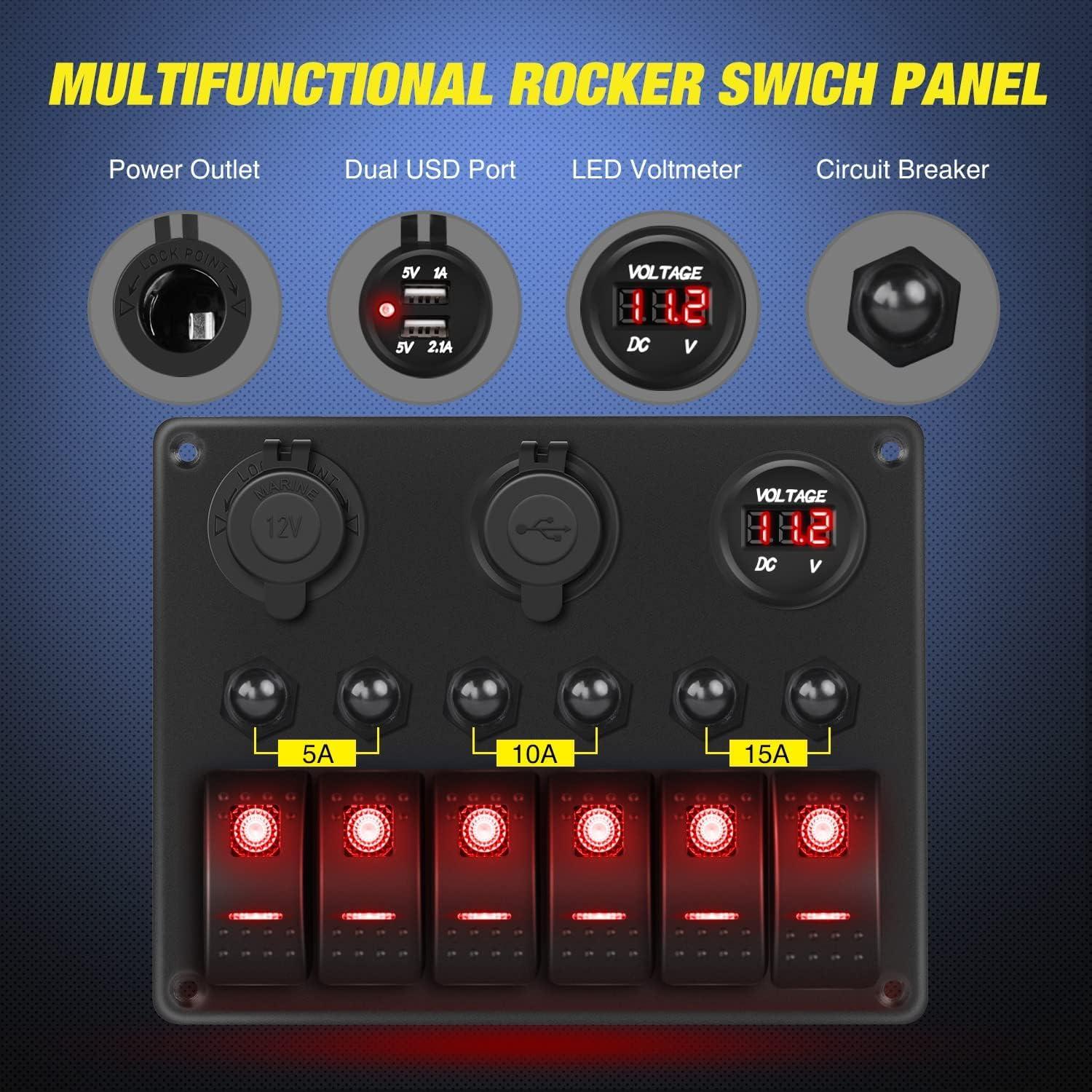 image:imageNilight 8 Gang Rocker Switch Panel Waterproof Aluminum Marine with PD Type C amp USB Charger Cigarette Lighter Socket Voltmeter Inline Fuse 12V 24V ON Off PreWired Switches for Car Truck BoatRed