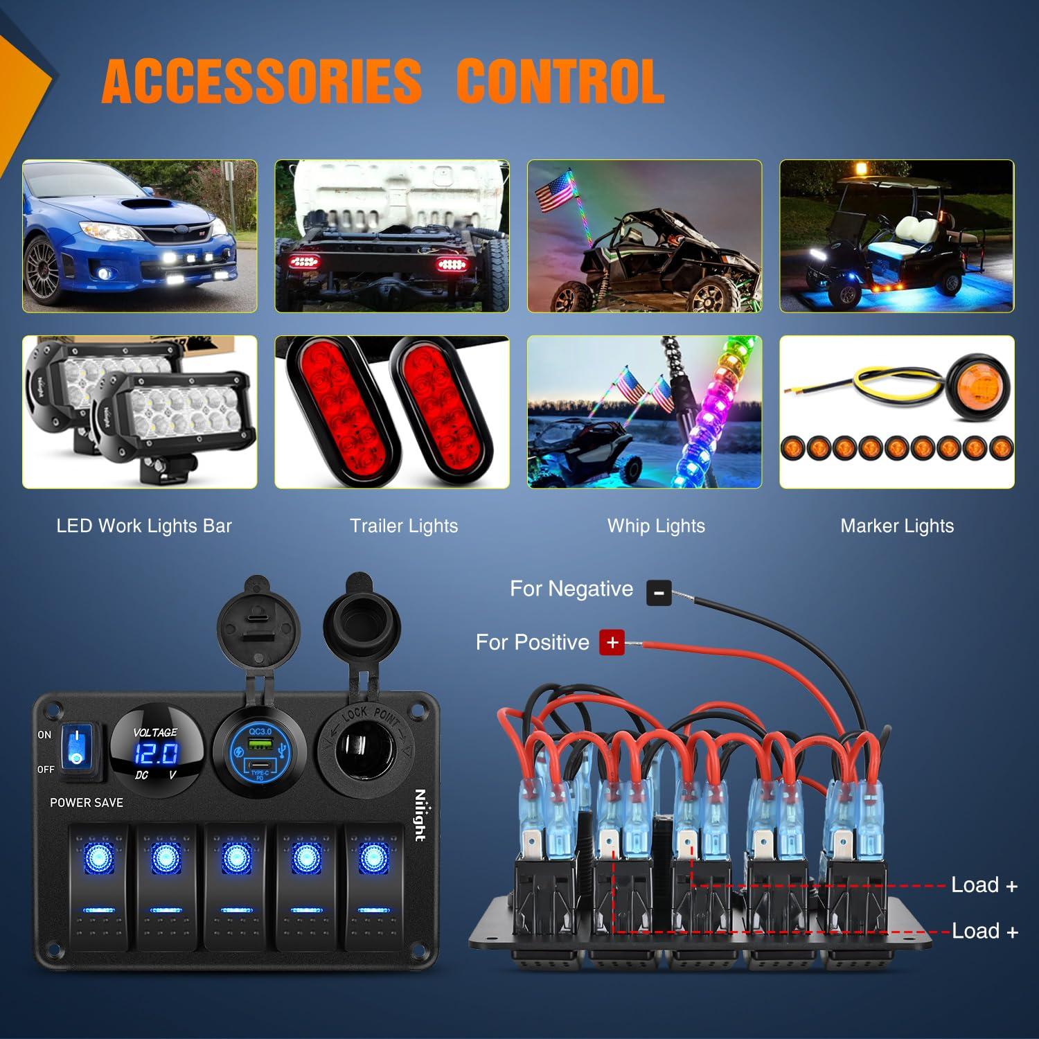 image:imageNilight 8 Gang Rocker Switch Panel Waterproof Aluminum Marine with PD Type C amp USB Charger Cigarette Lighter Socket Voltmeter Inline Fuse 12V 24V ON Off PreWired Switches for Car Truck BoatPower Control Blue