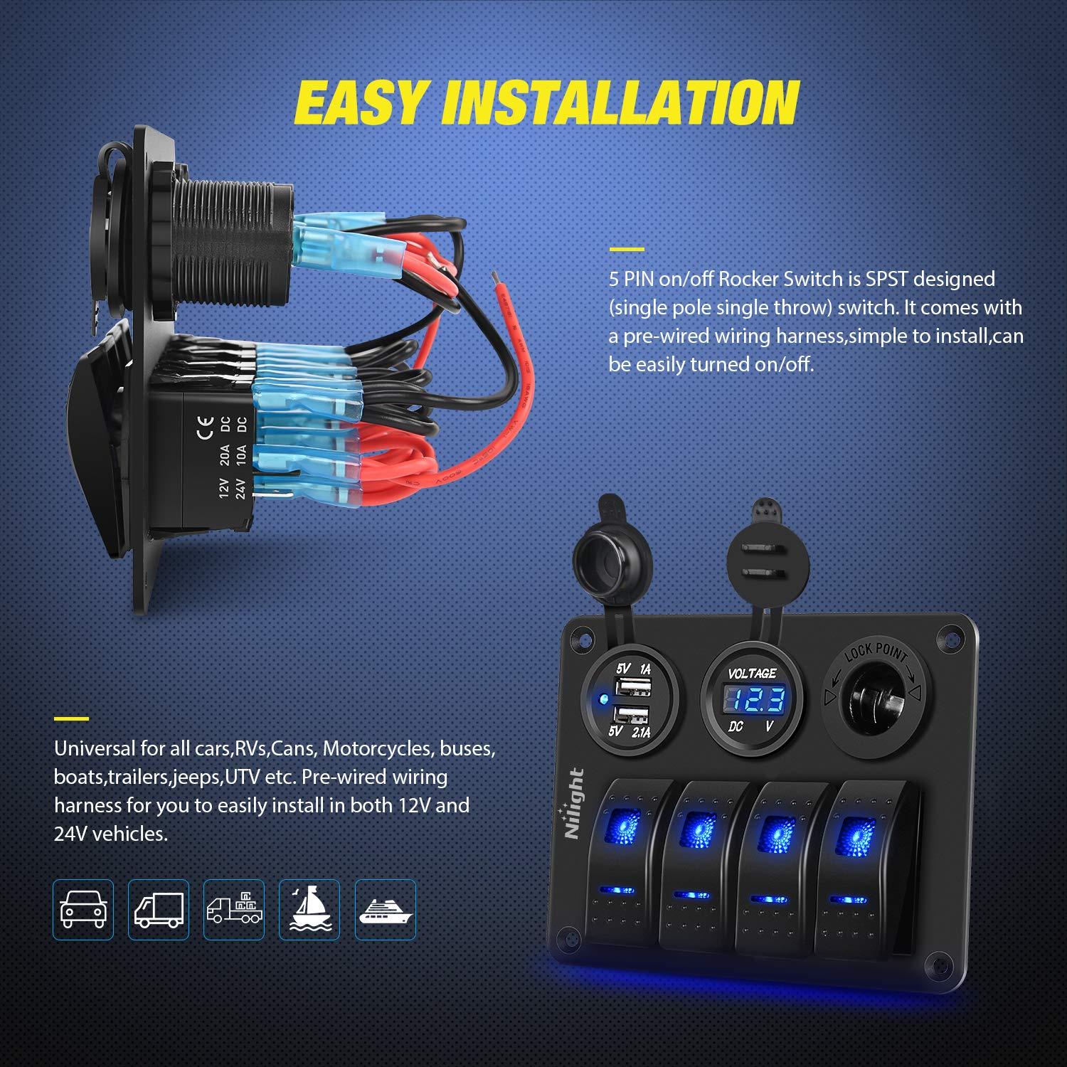 image:imageNilight 8 Gang Rocker Switch Panel Waterproof Aluminum Marine with PD Type C amp USB Charger Cigarette Lighter Socket Voltmeter Inline Fuse 12V 24V ON Off PreWired Switches for Car Truck BoatBlue