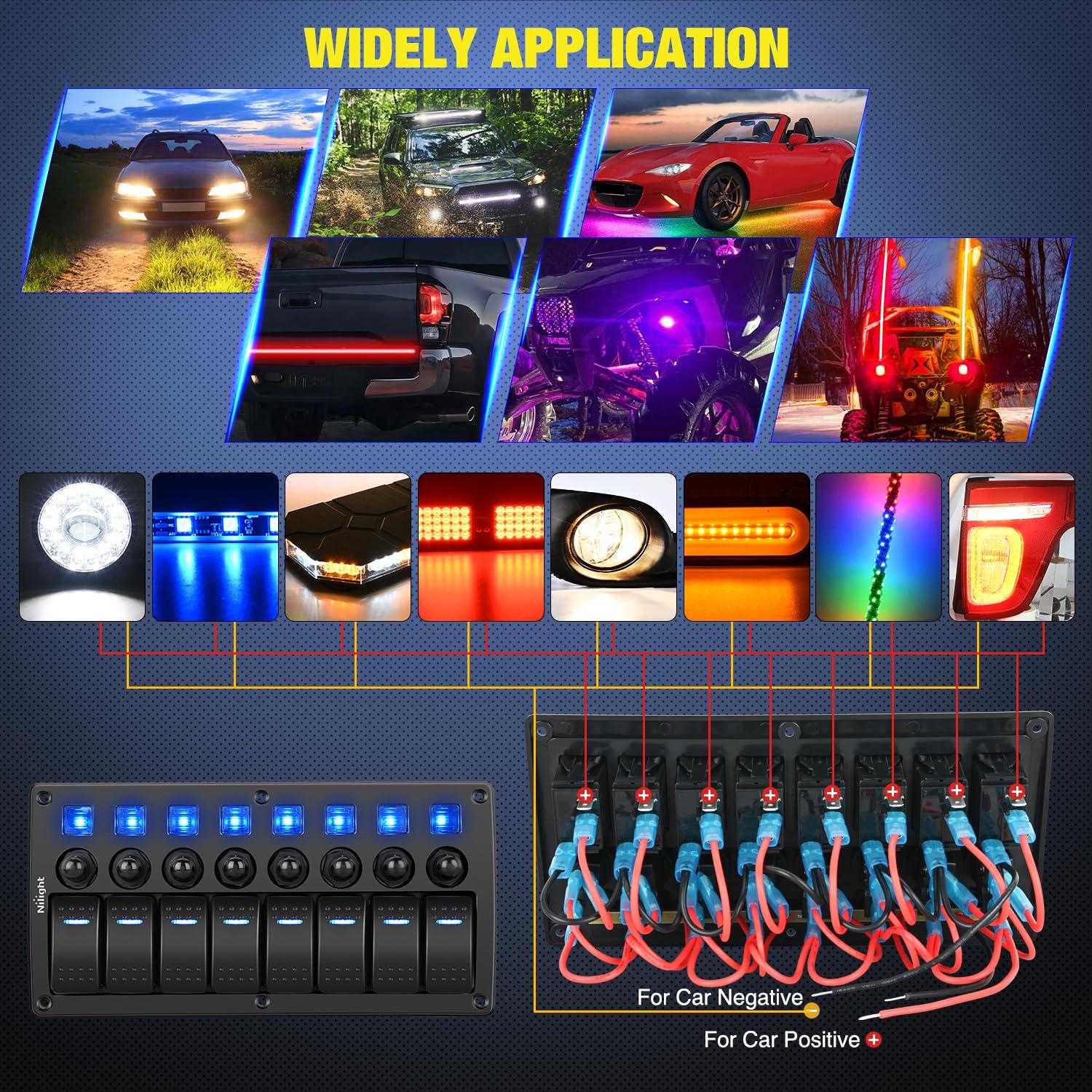 image:imageNilight 8 Gang Rocker Switch Panel Waterproof Aluminum Marine with PD Type C amp USB Charger Cigarette Lighter Socket Voltmeter Inline Fuse 12V 24V ON Off PreWired Switches for Car Truck BoatBlue