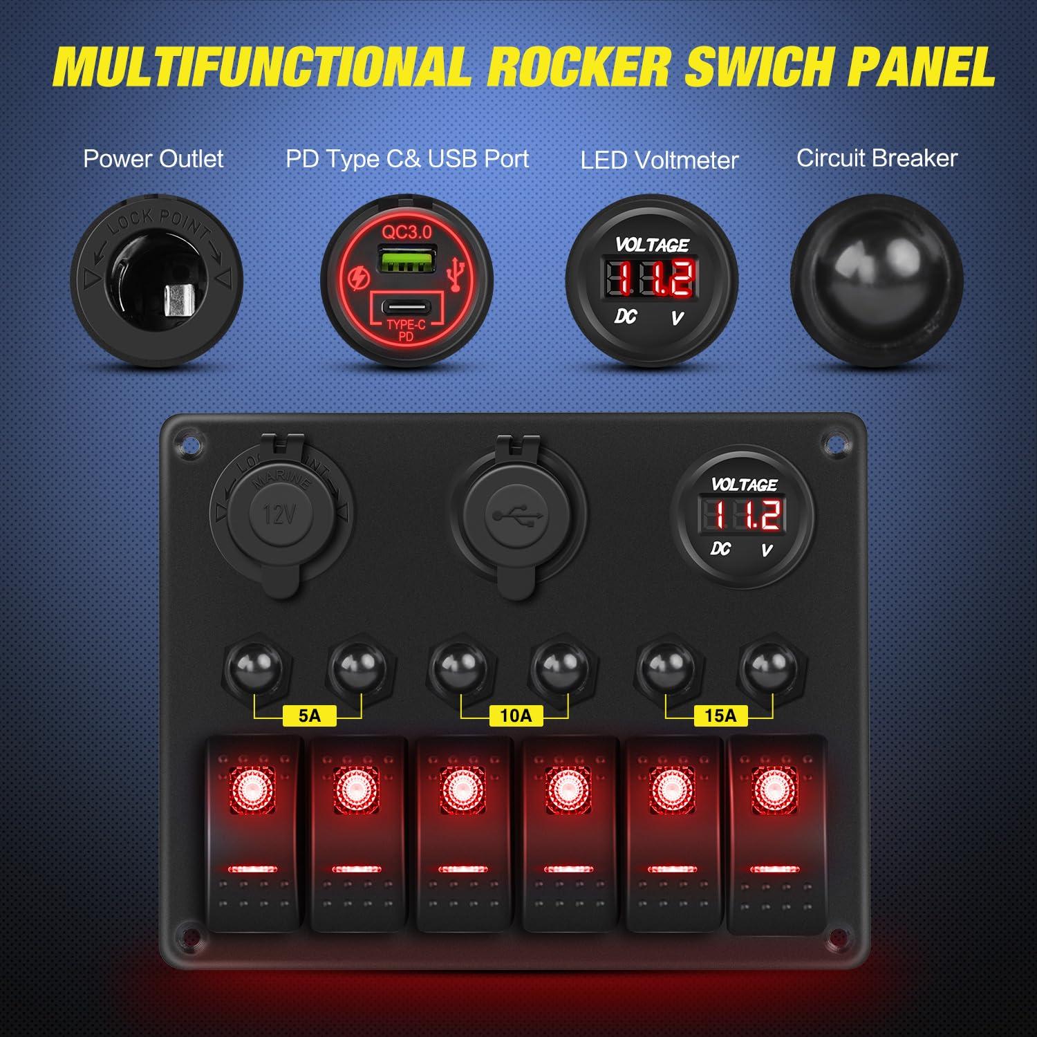 image:imageNilight 8 Gang Rocker Switch Panel Waterproof Aluminum Marine with PD Type C amp USB Charger Cigarette Lighter Socket Voltmeter Inline Fuse 12V 24V ON Off PreWired Switches for Car Truck BoatRed