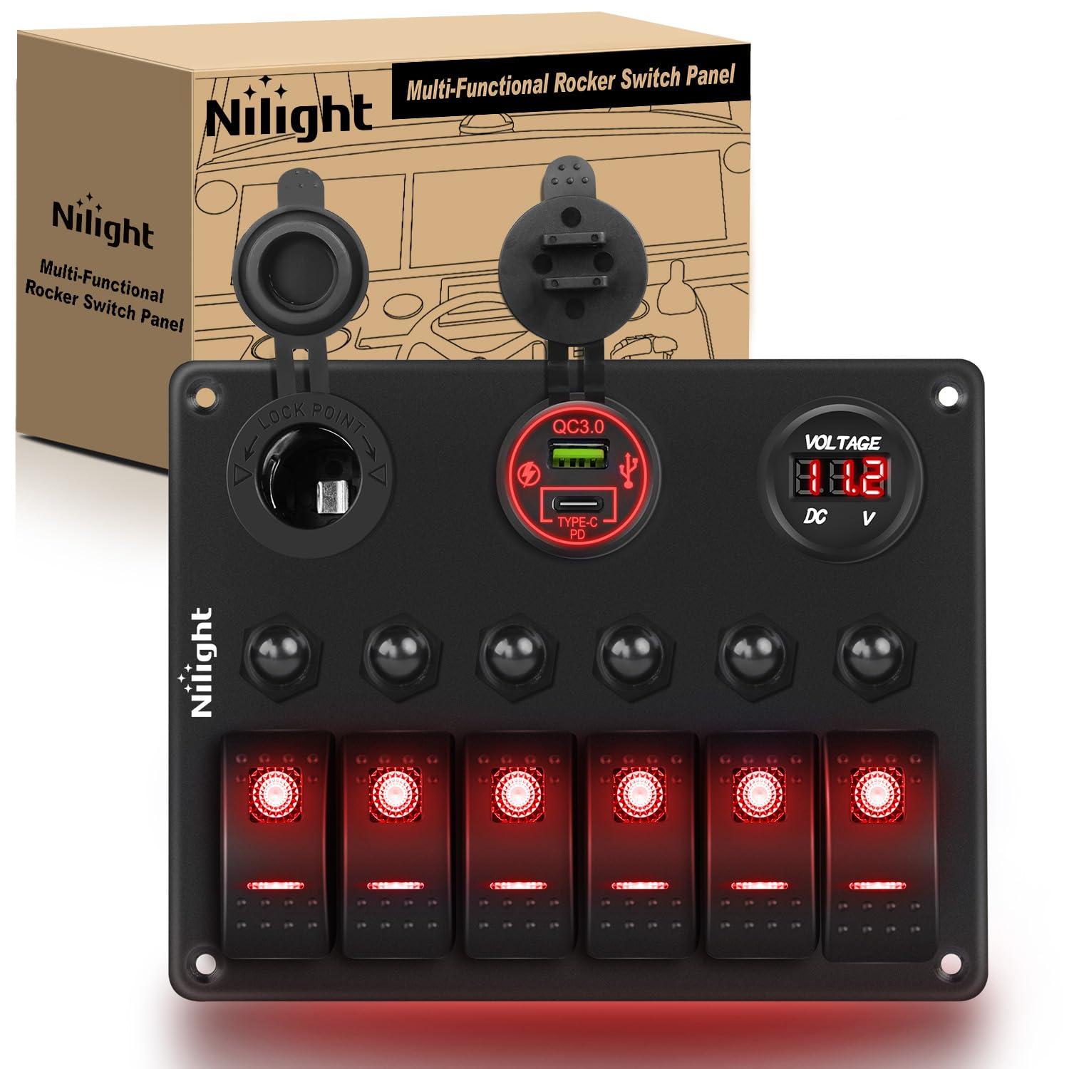image:imageNilight 8 Gang Rocker Switch Panel Waterproof Aluminum Marine with PD Type C amp USB Charger Cigarette Lighter Socket Voltmeter Inline Fuse 12V 24V ON Off PreWired Switches for Car Truck BoatRed