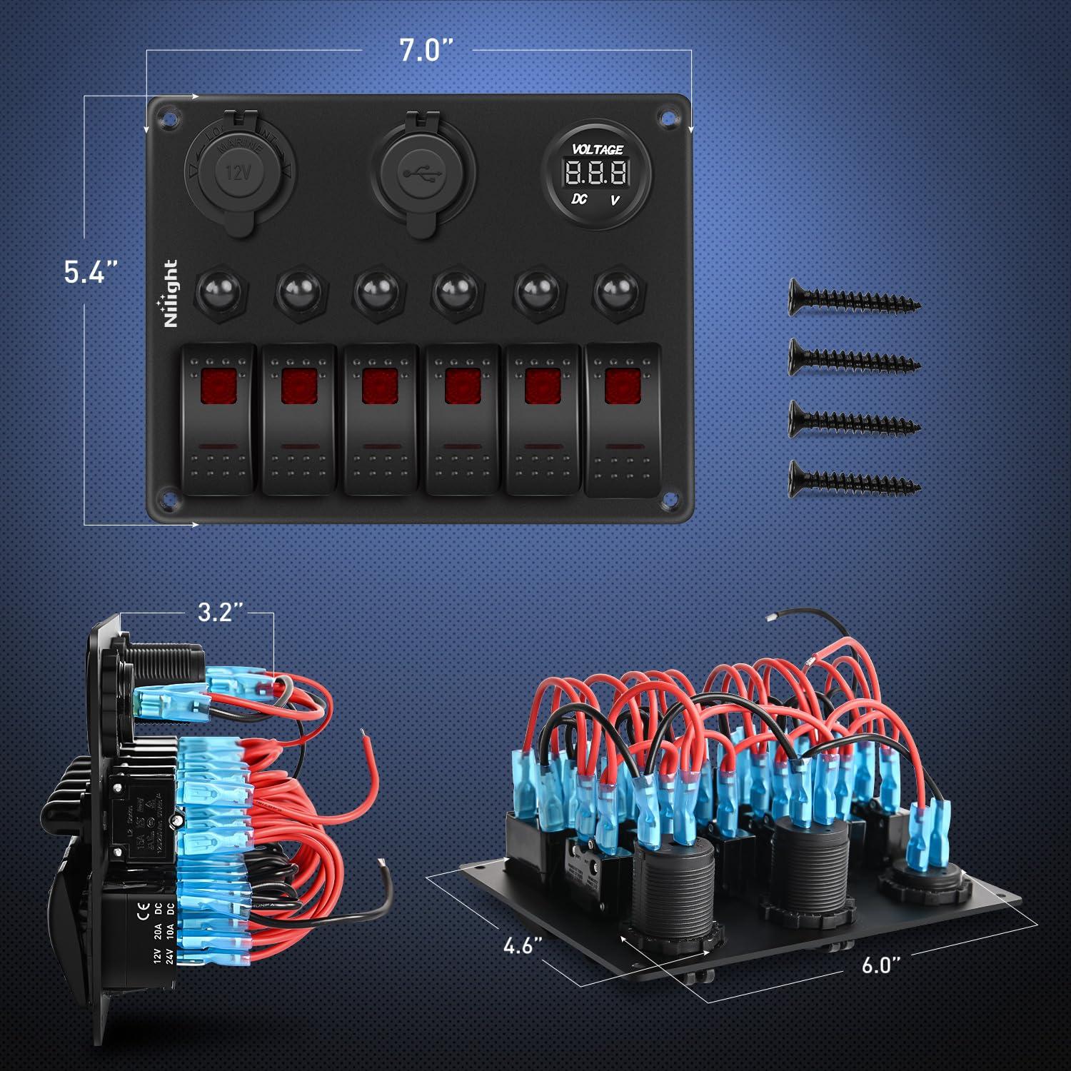image:imageNilight 8 Gang Rocker Switch Panel Waterproof Aluminum Marine with PD Type C amp USB Charger Cigarette Lighter Socket Voltmeter Inline Fuse 12V 24V ON Off PreWired Switches for Car Truck BoatRed