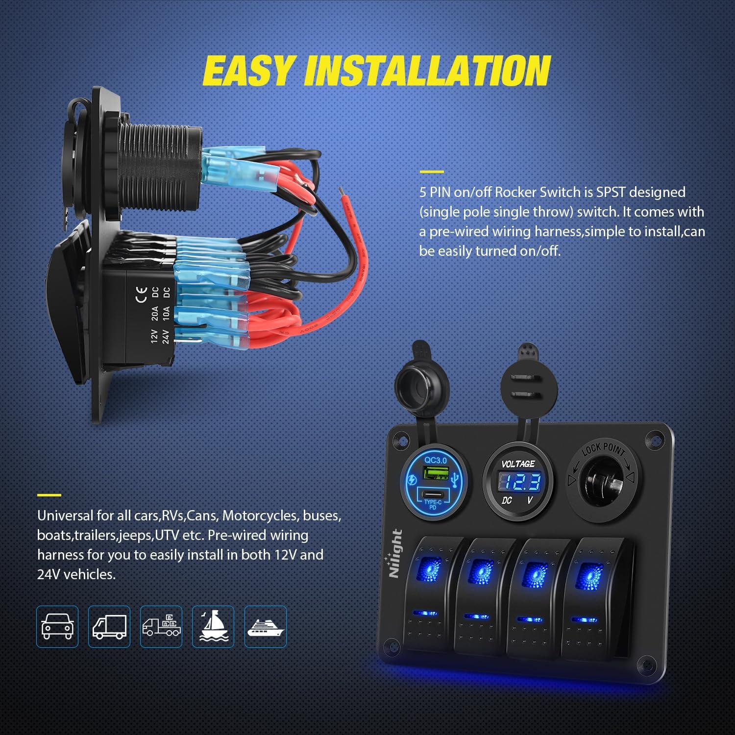 image:imageNilight 8 Gang Rocker Switch Panel Waterproof Aluminum Marine with PD Type C amp USB Charger Cigarette Lighter Socket Voltmeter Inline Fuse 12V 24V ON Off PreWired Switches for Car Truck BoatBlue
