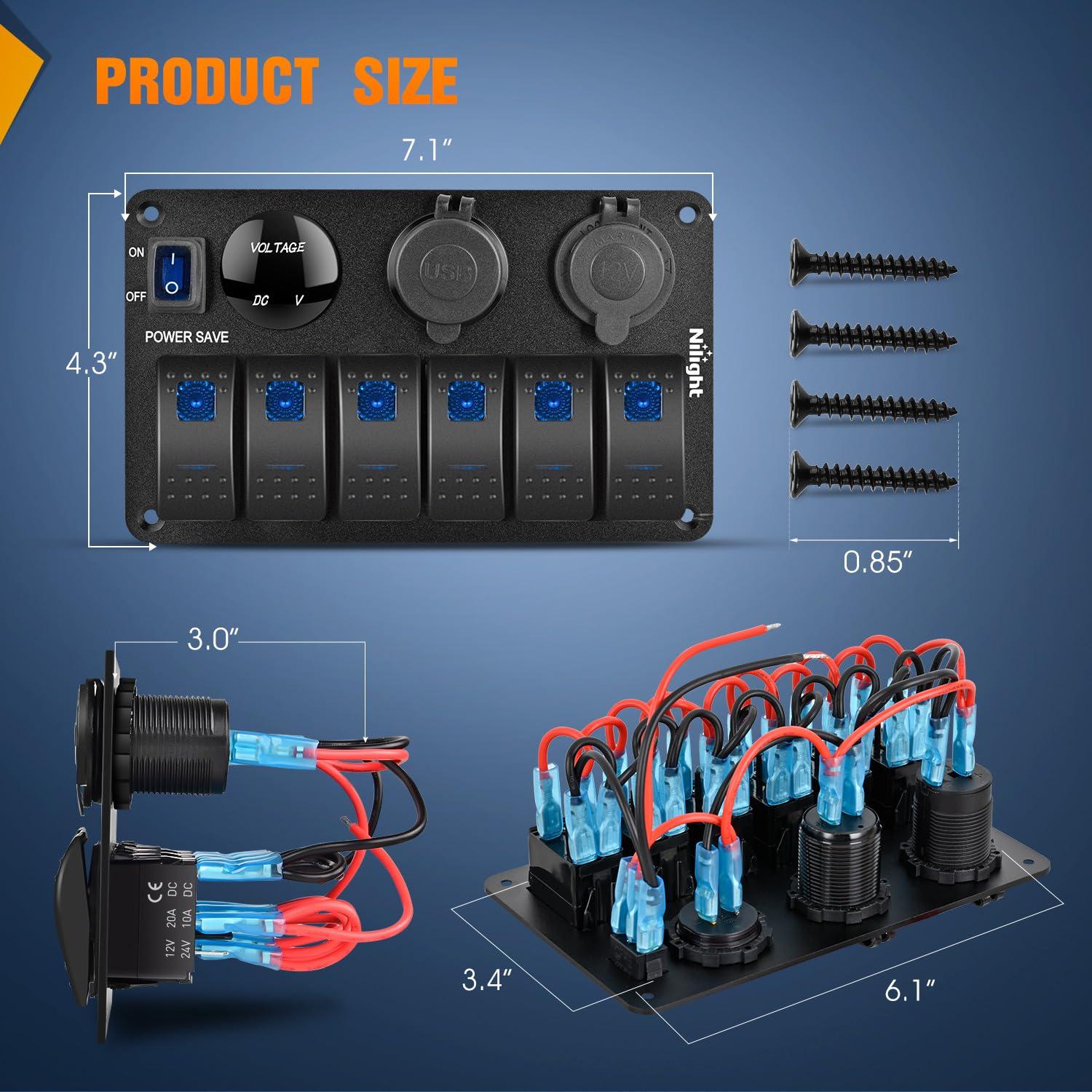 image:imageNilight 8 Gang Rocker Switch Panel Waterproof Aluminum Marine with PD Type C amp USB Charger Cigarette Lighter Socket Voltmeter Inline Fuse 12V 24V ON Off PreWired Switches for Car Truck BoatPower Control Blue