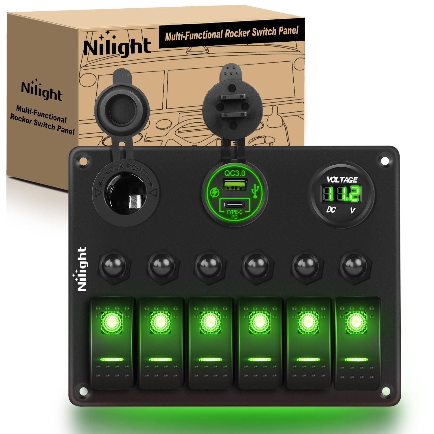 image:imageNilight 8 Gang Rocker Switch Panel Waterproof Aluminum Marine with PD Type C amp USB Charger Cigarette Lighter Socket Voltmeter Inline Fuse 12V 24V ON Off PreWired Switches for Car Truck BoatGreen