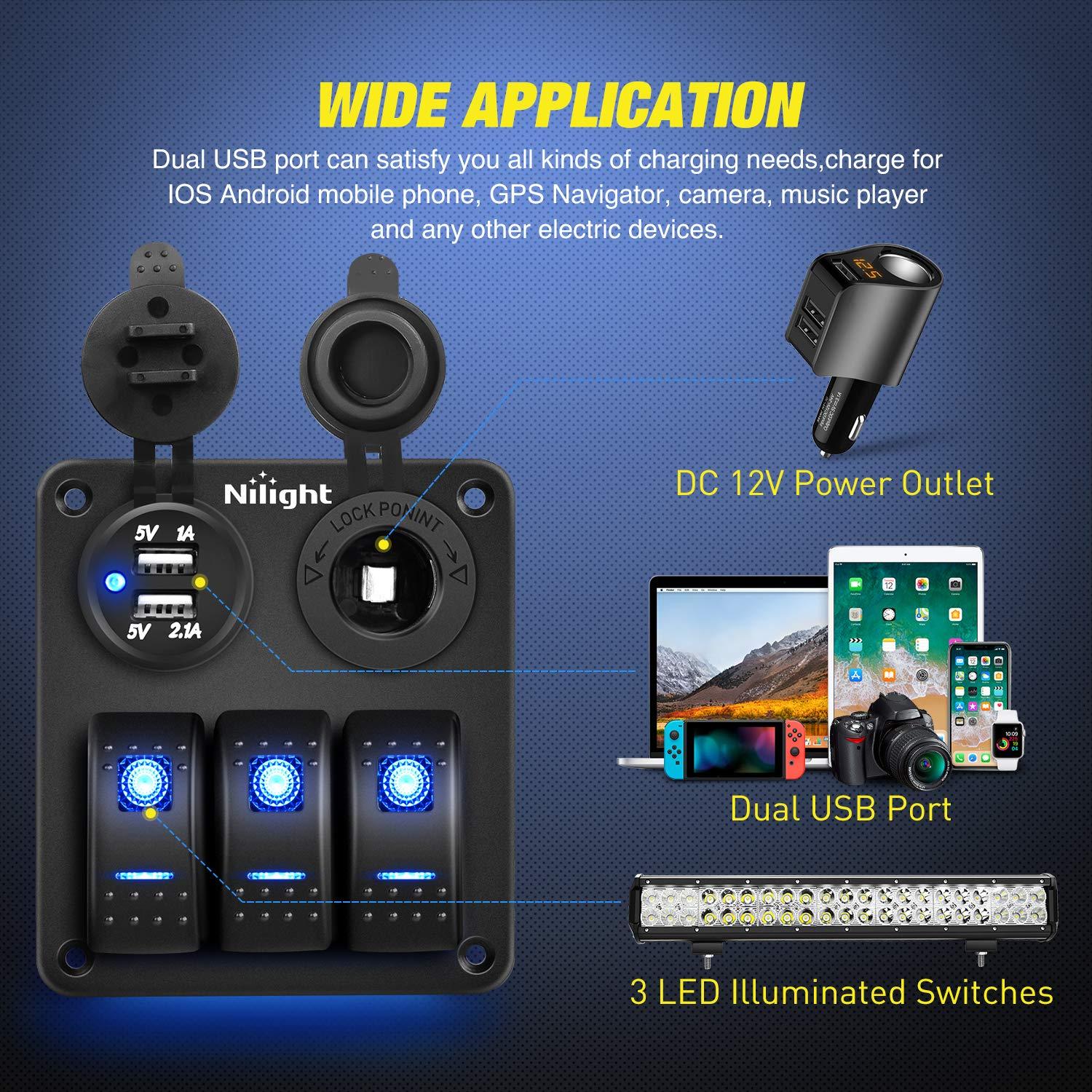 image:imageNilight 8 Gang Rocker Switch Panel Waterproof Aluminum Marine with PD Type C amp USB Charger Cigarette Lighter Socket Voltmeter Inline Fuse 12V 24V ON Off PreWired Switches for Car Truck BoatBlue
