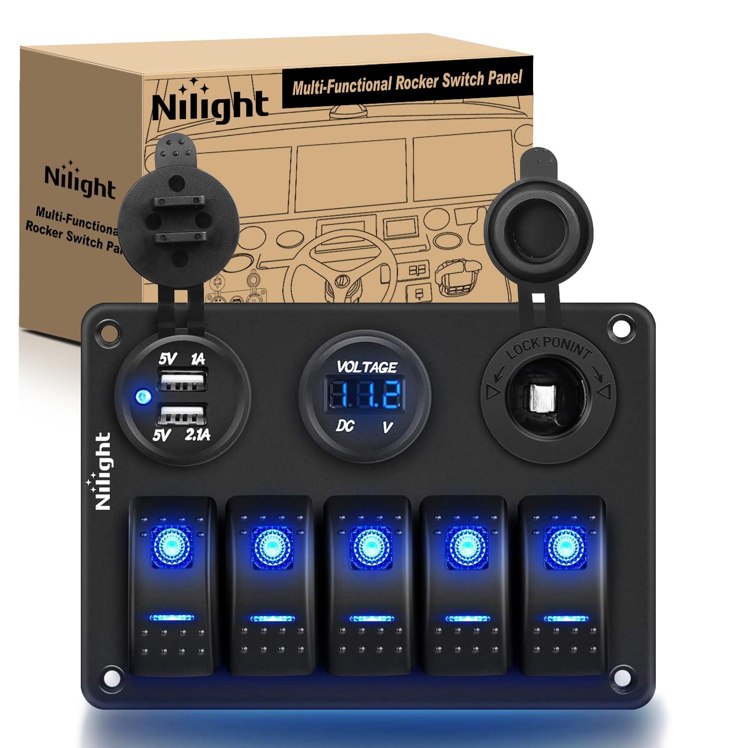 image:imageNilight 8 Gang Rocker Switch Panel Waterproof Aluminum Marine with PD Type C amp USB Charger Cigarette Lighter Socket Voltmeter Inline Fuse 12V 24V ON Off PreWired Switches for Car Truck BoatBlue
