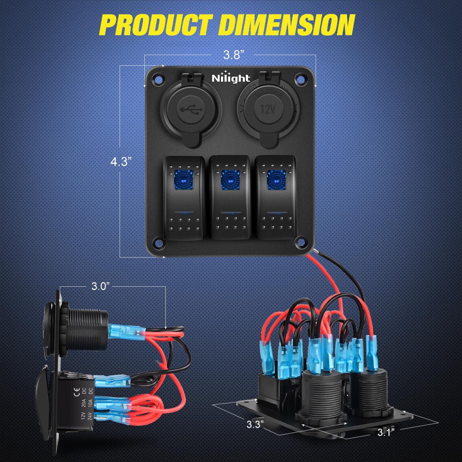 image:imageNilight 8 Gang Rocker Switch Panel Waterproof Aluminum Marine with PD Type C amp USB Charger Cigarette Lighter Socket Voltmeter Inline Fuse 12V 24V ON Off PreWired Switches for Car Truck BoatBlue